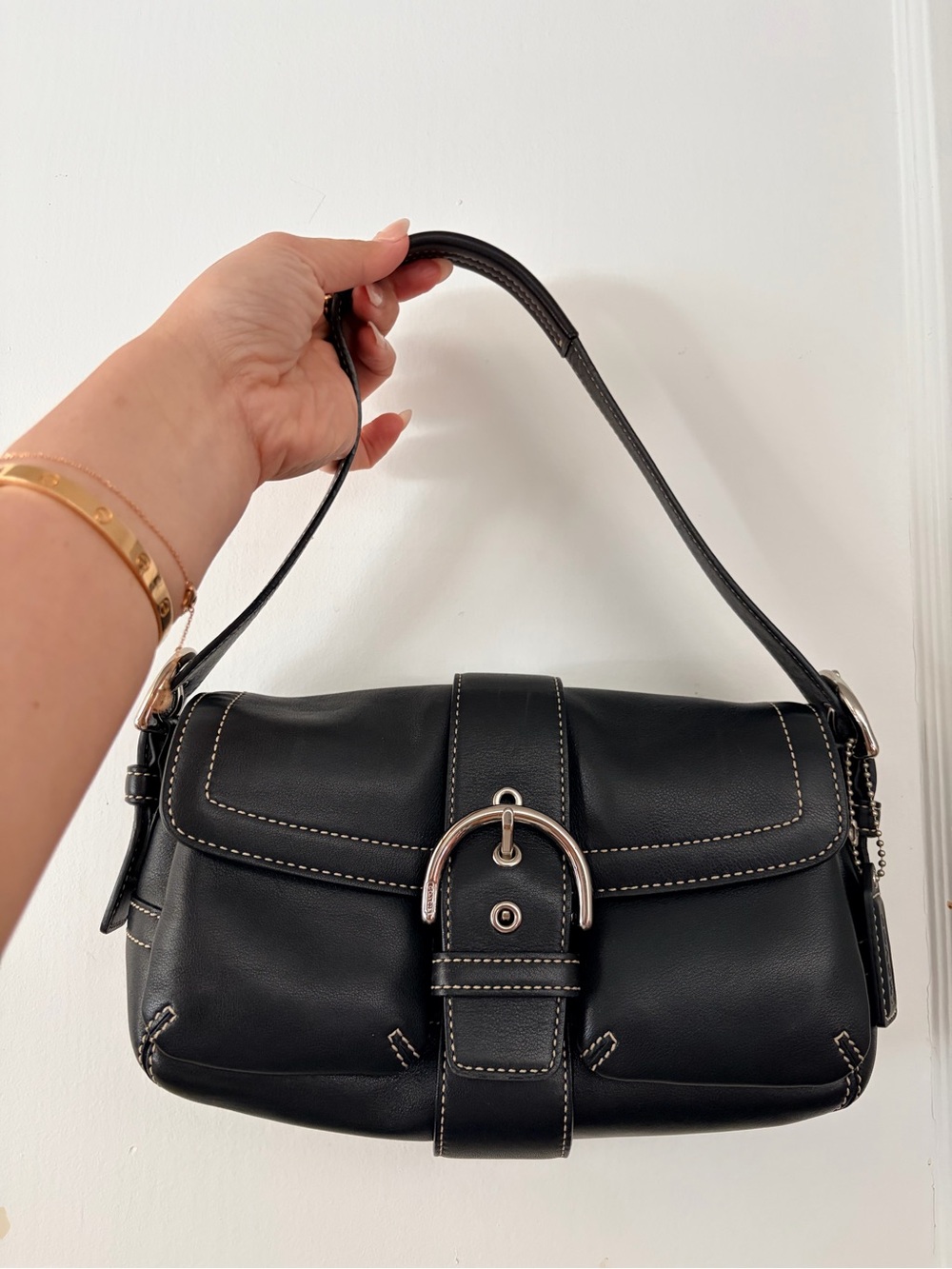 COACH Black Leather Shoulder Bag with Silver Buckle